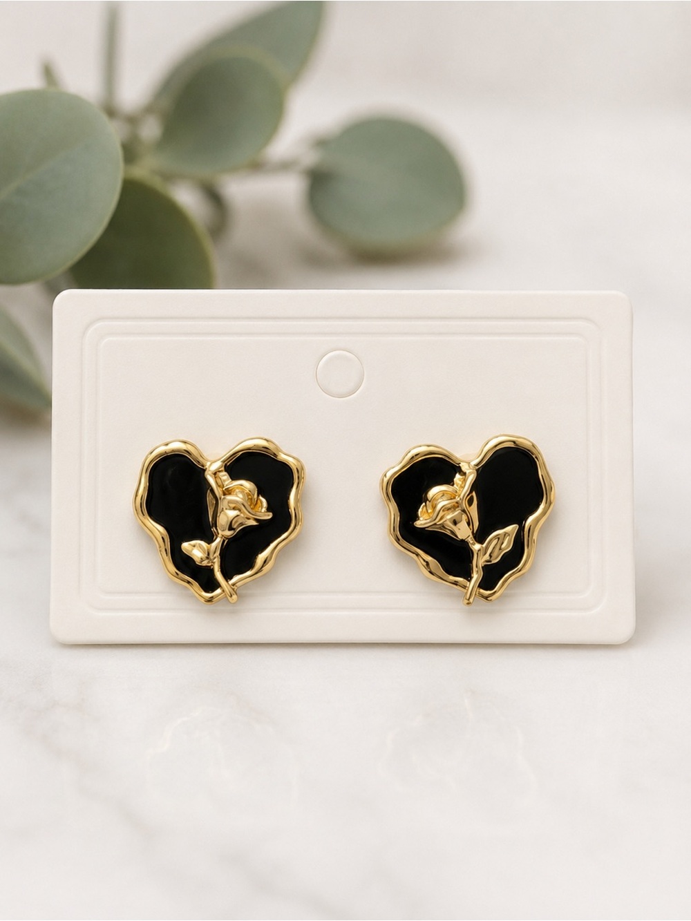 Black & Gold Floral Rose Statement Stud Earrings